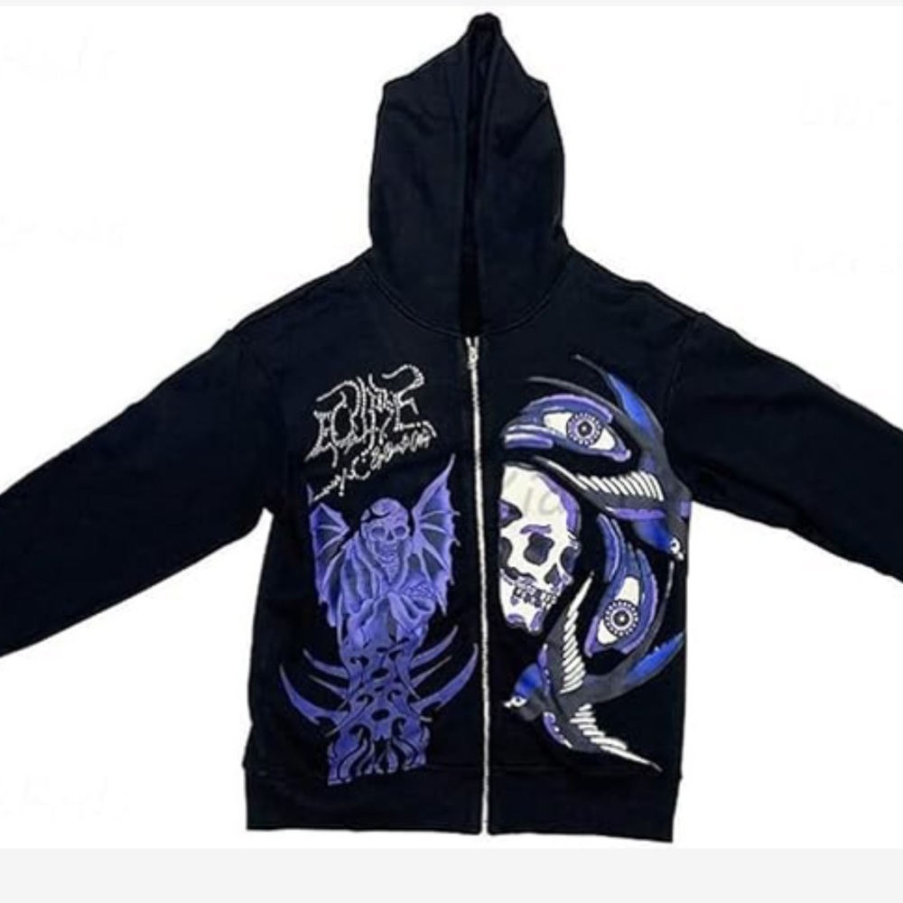 Rhinestone Skull Purple Print Streetwear Oversized Hoodie